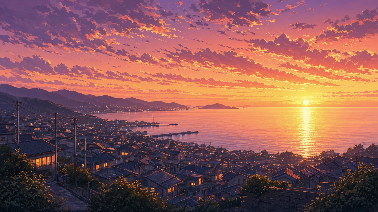 Anime sunset town artwork