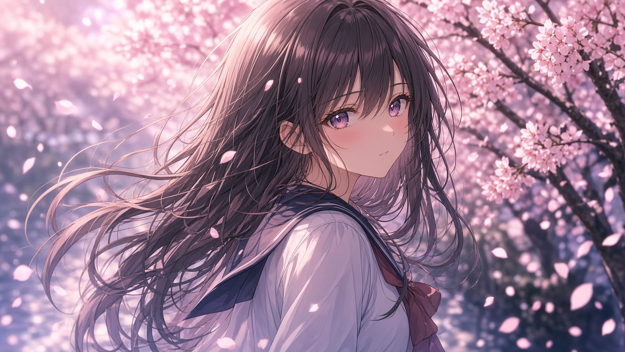 Anime character with cherry blossoms in motion